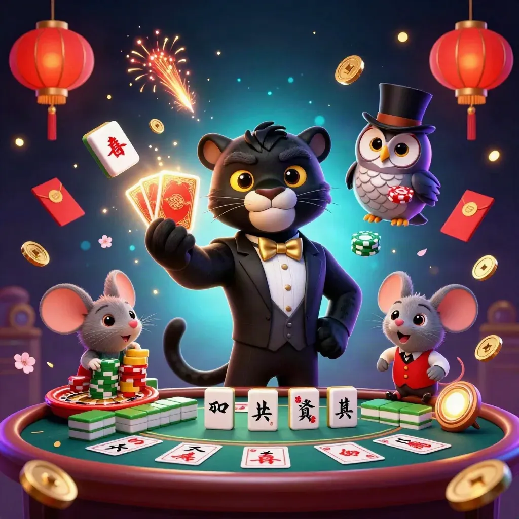 Panther dealer, owl gambler, and mouse in a neon casino burst with coins, lanterns, and cards.