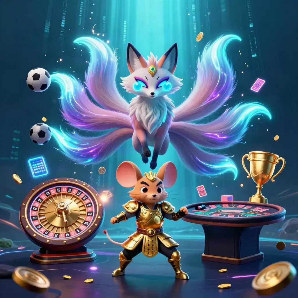 Fox spirit and armored mouse in neon casino chaos with balls, roulette, cards, trophy, and coins.