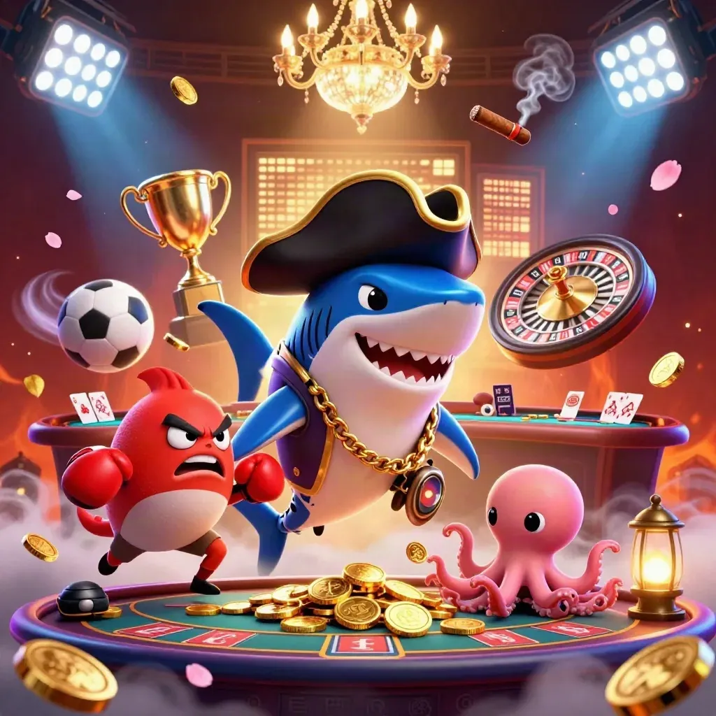 Pirate shark, pufferfish, and octopus amid casino lights, coins, sports balls, and a spinning wheel