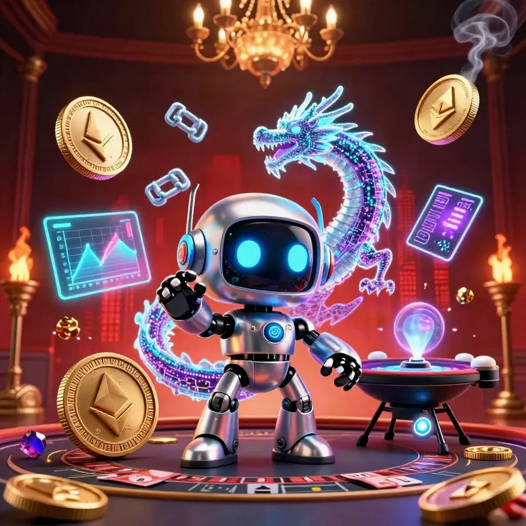 Cyberpunk robot, AI dragon, and drone at a neon casino table with coins, sparks, and glowing lights.