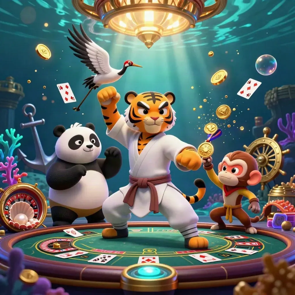 Kung-fu tiger, panda, and monkey amid gold coins, coral, and a spinning roulette wheel underwater.