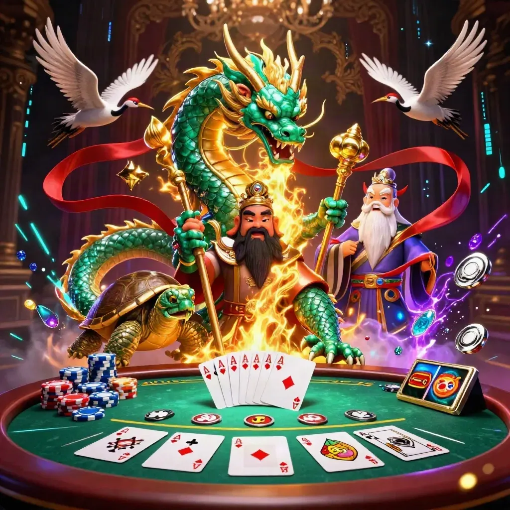 Emerald dragon, turtle sage, and cranes amid casino cards, chips, neon energy, and gold fire.