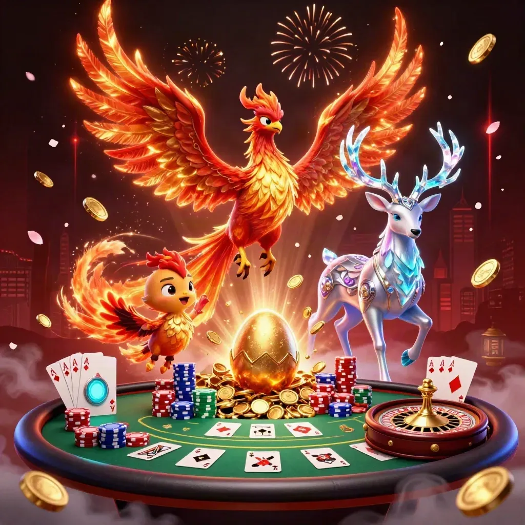 Fire phoenix, baby phoenix, crystal stag, coins, cards, roulette, and fireworks in a cyberpunk casino scene.
