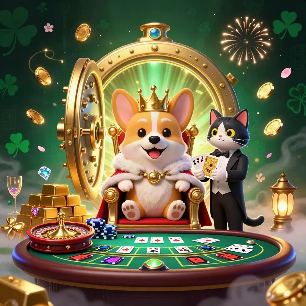Royal corgi king and cat butler amid a bursting vault, coins, gems, and neon casino lights
