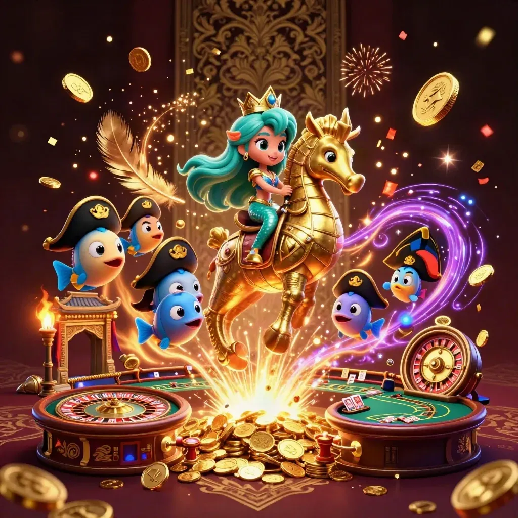 Mermaid princess on a gold seahorse amid casino treasure, fireworks, and neon lights.