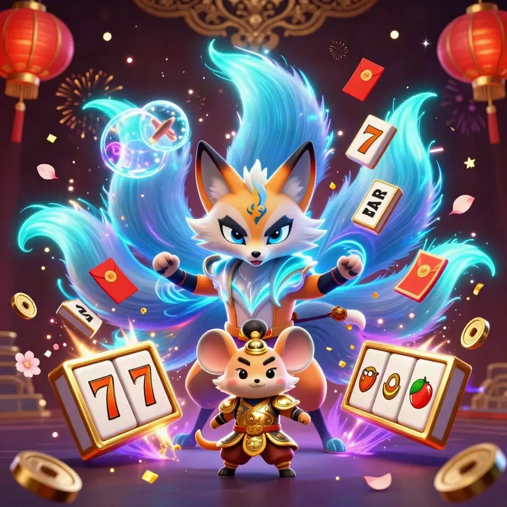 Neon nine-tailed fox spirit and golden samurai mouse amid casino symbols and cyan-purple energy