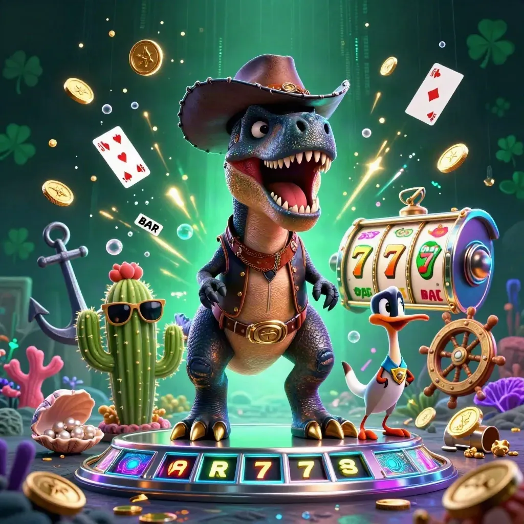 Cowboy T-Rex with cactus sidekick and sheriff roadrunner amid neon casino treasure and slot icons